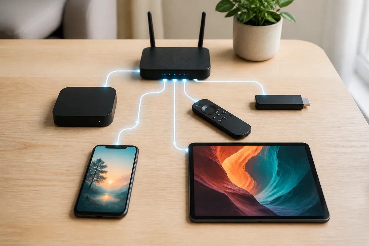 Different devices showing how does IPTV work – box, smart TV, stick and phone connected via the internet