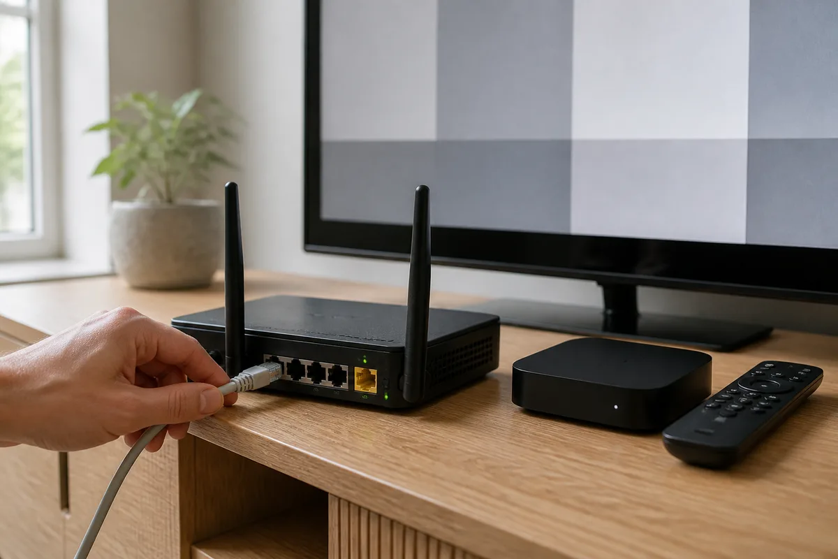 Close-up of a router and TV screen illustrating troubleshooting when IPTV is not working